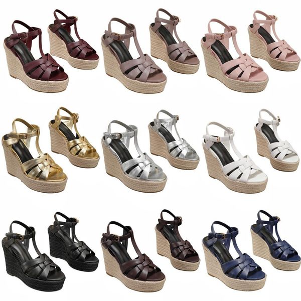 

elegant women sandals luxury designer sandals summer platform shoes leather fashion high heels new clasp woven wedges outdoor comfortable be, Black