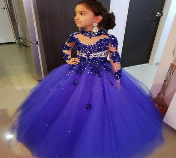 

2020 royal blue little girls pageant dresses long sleeves crystal beaded high neck kids prom dresses birthday party gowns for litt7144067, White;blue