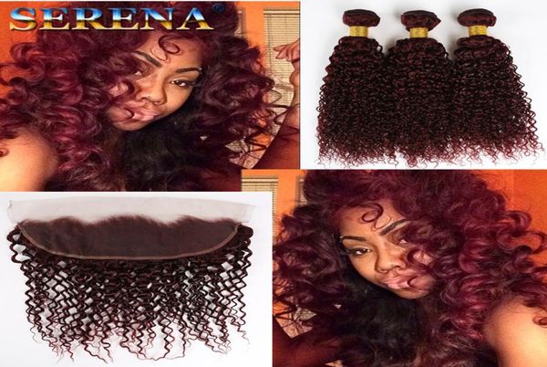

99j wine red deep wave virgin hair with 13x4 frontal lace closure 4pcs lot burgundy deep curly human hair bundles with ear to ear4312111, Black;brown