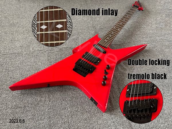 

electric gutiar red color reversed headstock shape right hand body sh pickups black parts with double locking tremolo