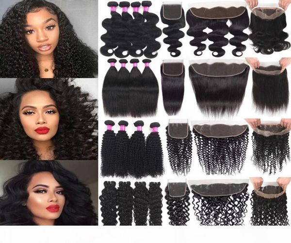 

brazilian human hair wefts with closure kinky curly virgin hair with13x4 lace frontal hair weaves 360 lace frontal with bundles2113588, Black;brown