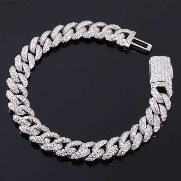

wholesale10mm 7-9 inches silver 2 rows moissanite cuban link bracelet rhodium plated hiphop style miami chain for man, Golden;silver