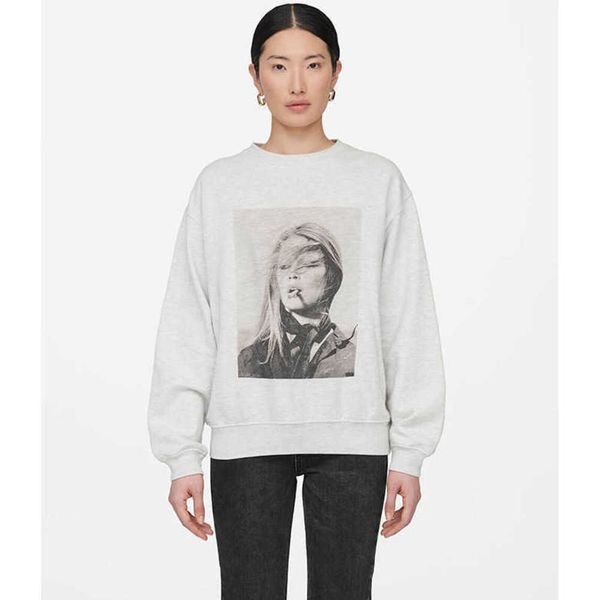 

anine bing women fashion cotton classic sweatshirt ab print inside fleece round neck sweater warm long sleeve pullover sportshirt fallow23es, Black