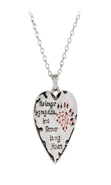 

no longer by my side forever in my heart handstamped dog print paw claw crystal heart shaped pendant necklace dog lovers jewelry8293113, Silver
