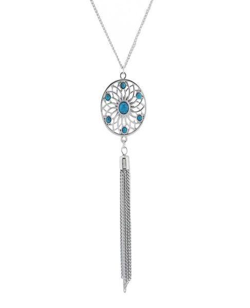 

pendants necklaces bohemia vintage women blue beads silver plated hollow out flower tassel chains clavicle necklace jewelry2877681