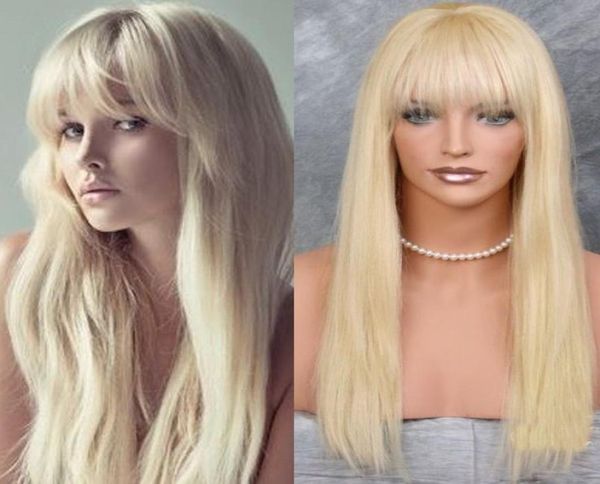 

613 blonde with bangs human hair wigs peruvian remy straight weave 828 inch pre plucked full machine made lace front wigs 1809094114, Black;brown