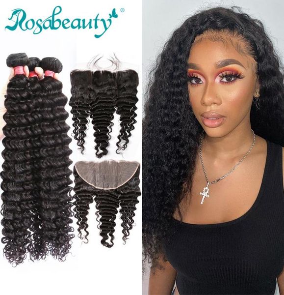 

human hair bulks rosabeauty deep wave bundles with 13x6 lace frontal brazilian curly closure 30 inch natural color wavy2179928, Black