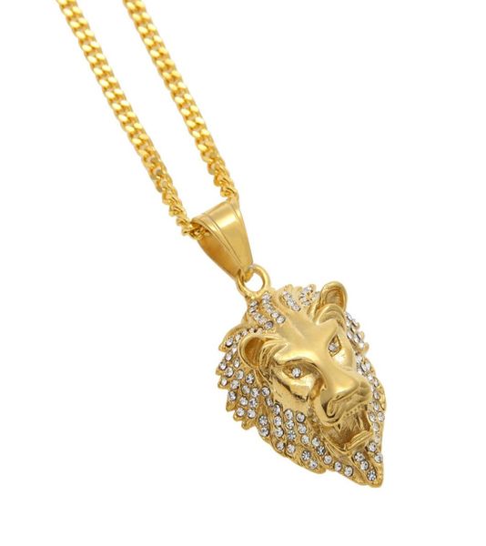 

men hip hop lion head pendant stainless steel iced out rhinestone animal pendant necklace chain fashion punk jewelry1498665, Silver