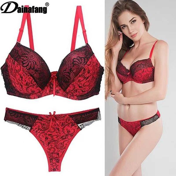 

bra set lace printing color matching underwear large size underwear womens briefs push up, Red;black