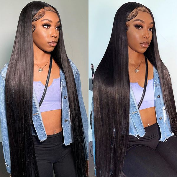 

luvin bone straight lace front wig 13x4 hd transparent human hair wigs 250 density brazilian 30 40 inch frontal wig for women, Black;brown