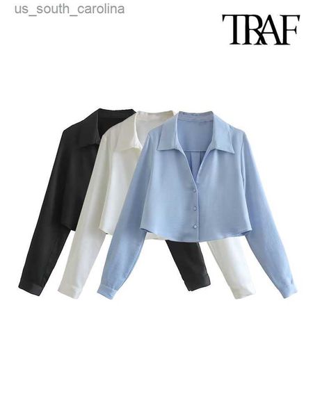 

traf women fashion cropped satin shirts vintage long sleeve front button female blouses blusas chic l230522, White