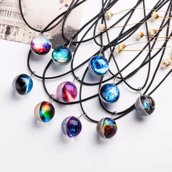 

nebula space universe galaxy necklace stars glass ball pendant crystal collares planet pattern leather pendant necklace for unisex5581164, Silver