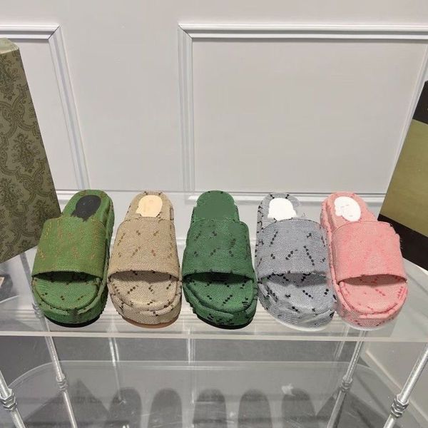 

designer slipper mid-heel rattan jumbo interlocking platform slides sandals luxury mens sandal beach womens shoes xad beige blue canvas summ, Black