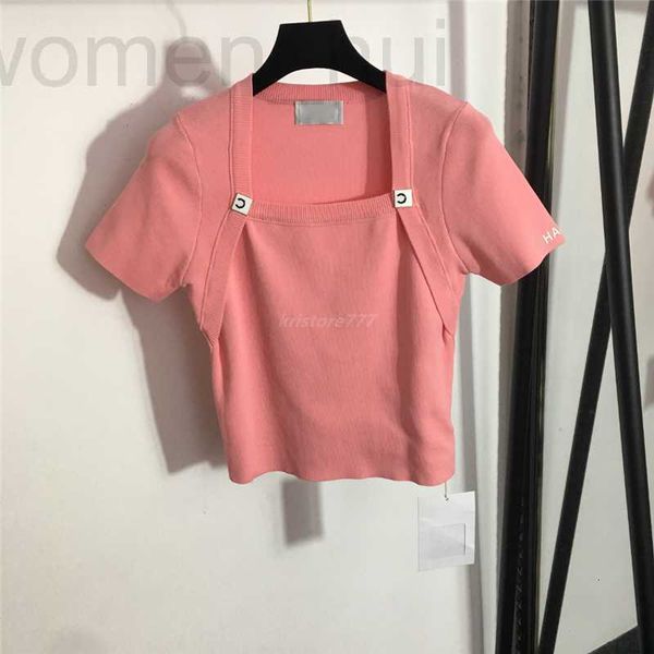 

women's t-shirt designer women summer knits designer with crystal letter buttons girls milan runway shirt high end square neck short s, White