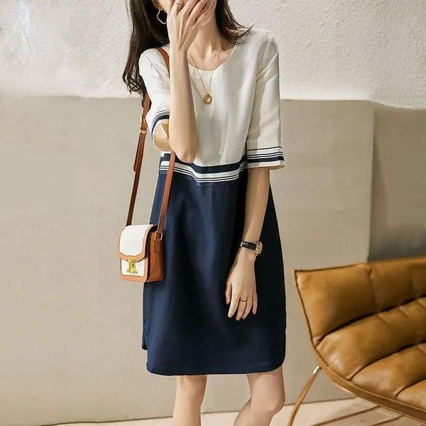 

dresses 2022 summer white and blue casual style midlength dress is thin and round neck reducing age simple women's clothing commute, Black;gray