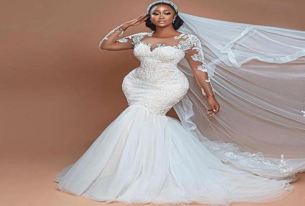 

luxury beadding pearls plus size mermaid wedding dresses for african women 2022 sheer neck long sleeves bridal dress vestidos de n3041508, White