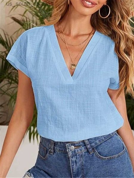 

cotton linen blouse summer v neck short sleeve women solid color blouses casual office loose white blue blusas mujer l230522