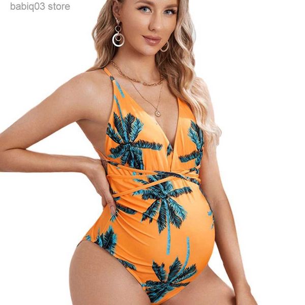 

maternity swimwears maternity swimwear print v pregnant women's orange swimsuit frenum one-piece belly covering loose supporting beach, White
