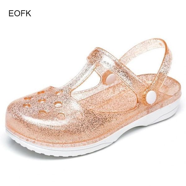 

eofk summer women sandals clogs glitter shinny colors lady jelly flat comfort sandals hoof shoes, Black