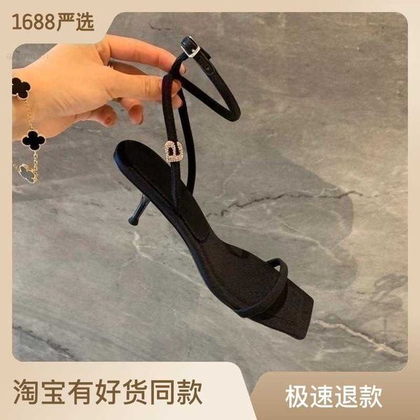 

slotted sandals with medium 22 summer new square head high thin heels rhinestone letters roman shoes, Black
