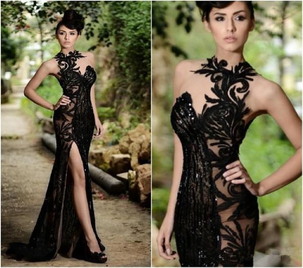 

black lace evening dresses high split sweep train applique beaded high neck mermaid party prom gowns 2019 selling custom 6400664, Black;red