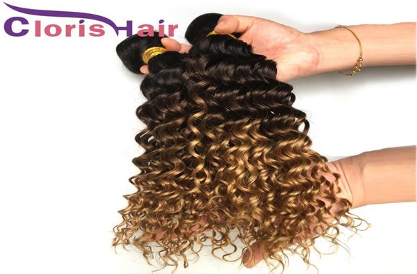 

highlight 1b427 deep wave real human hair peruvian virgin curly ombre sew in extensions three tone brown blonde colored weaves 35273835, Black