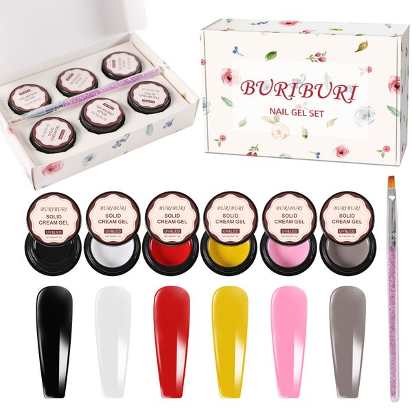 

buriburi solid pudding cream gel nail polish set basic colors, 6 colors cream paint nail gel uv gel gift set with brush for nail art, Red;pink