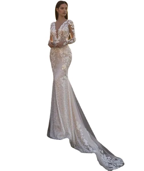 

luxury lace appliques sequins mermaid wedding dress v-neck long sleeve backles sweep train bride gown vestidos de noiva, White