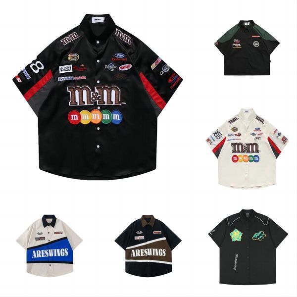 

23 mens womens outdoor american retro hip-hop street racing suit shirt men's short sleeve summer loose ins trend brand motorcycle thin, Black;brown
