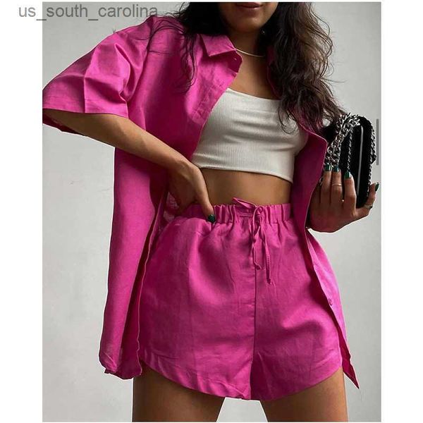 

summer casual tracksuit women's shorts suits green streetwear short sleeve shirt loose drawstring mini shorts two piece set l230522, White