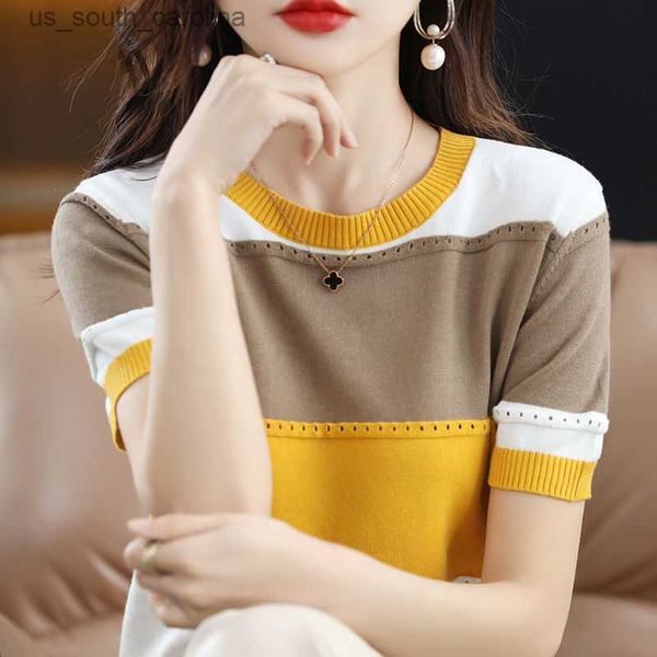 

korean fashion hollow out patchwork knitted blouse women's clothing 2023 summer new o-neck short sleeve casual pullovers shirt l230522, White