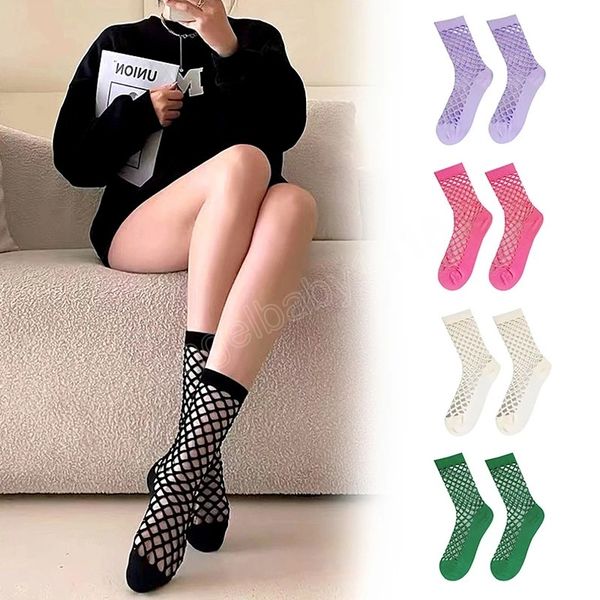 

women girl socks hollow out breathable socks mesh fishnet socks female gothic stretchable short ankle hosiery gift, Pink;yellow