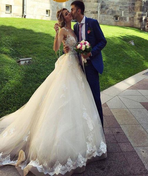 

sheer neck illusion back wedding dresses floral appliques lace pearls belt a line 2019 romantic bridal gowns custom size2152094, White