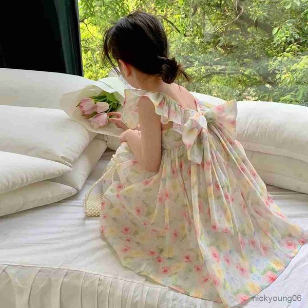 

girl's dresses 2-10years girls summer chiffon dress with bow toddler floral princess children clothing kids sleeveless 9 r230607, Red;yellow