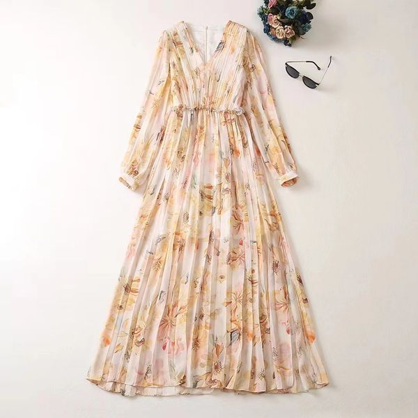 

european and american women's clothes 2023 summer new long sleeve v-neck fashion floral print pleated dress xxl, Black;gray