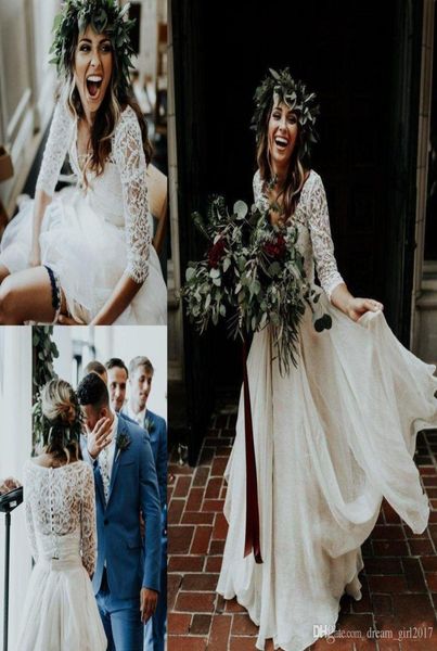 

beautiful long sleeve aline two pieces beach country wedding dresses 2019 chiffon ruffles lace boho custom made bohemian brid2914103, White