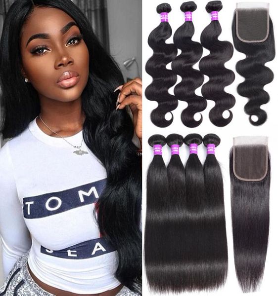 

brazilian virgin hair bundles with closures unprocessed body wave straight human hair bundles with lace closure human hair wave ex4454042, Black