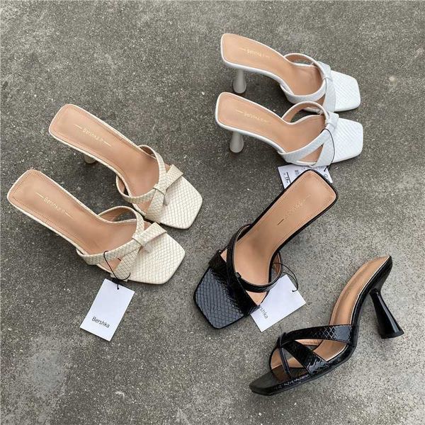 

2023 new summer versatile network red one line slim heel hollow out sandals for women wearing high heels outside, Black