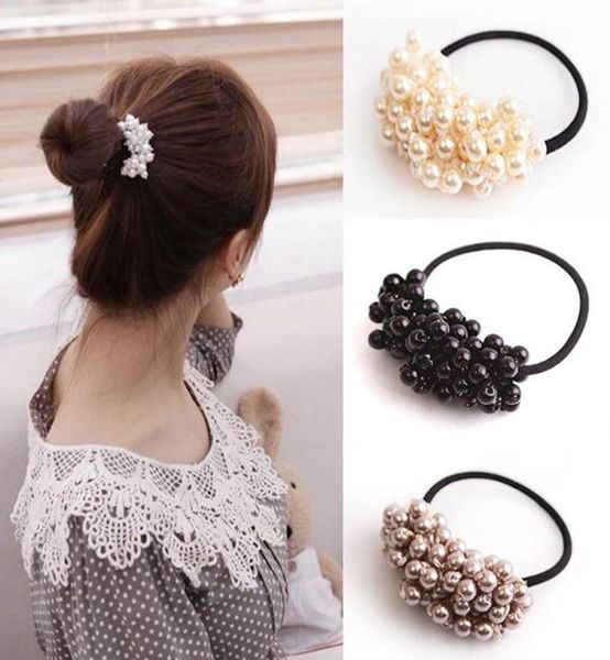 

women fashion vitange rhinestone crystal pearl hair band hair accessories for women girls rope elastic ponytail holder4458828, Black;brown