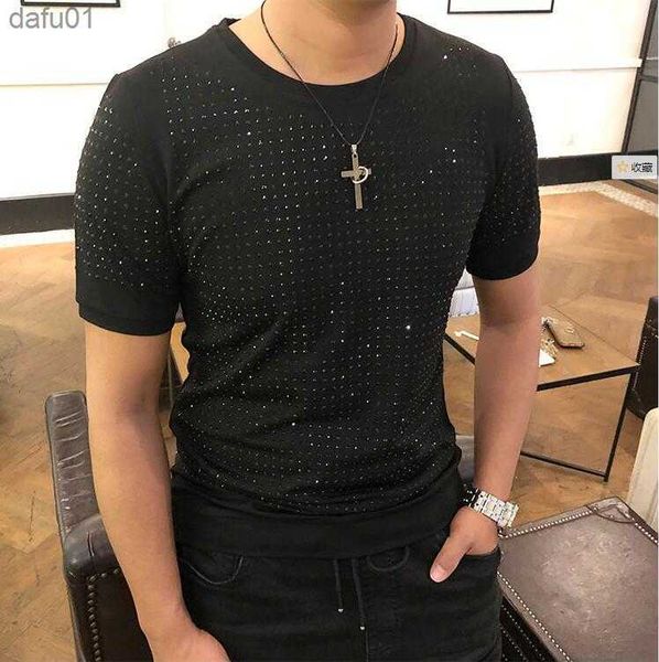 

s-5xl drill men's designer t shirt mens summer rhinestones t-shirt cotton diamonds fashion tees l230520, White;black