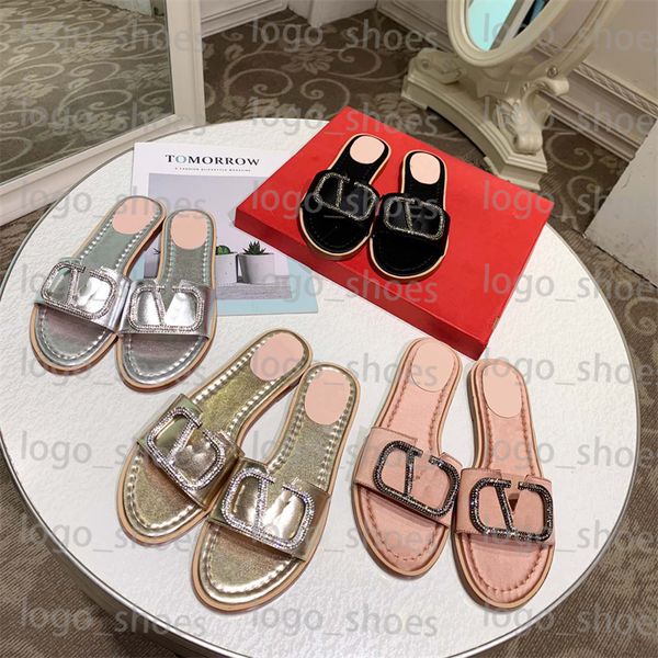 

beach slippers designer luxury women diamond sandal dress slippers rubber flat bottom slides genuine leather slippeers, Black