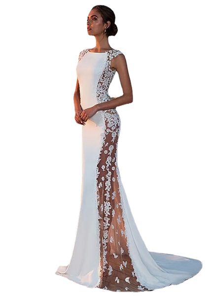 

summer white bohemian beach mermaid wedding dresses lace satin jewel lapel bridal gowns sweep train length mermaid dress