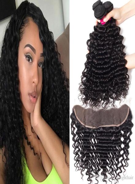 

9a brazilian human hair bundles with closure deep wave kinky curly loose wave straight body wave 3bundles with 13x4 ear to ear lac2358292, Black