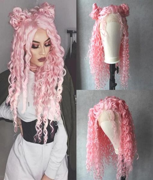 

pink color kinky curly wig part synthetic lace front wigs heat resistant fiber hair for africa america black women8905911