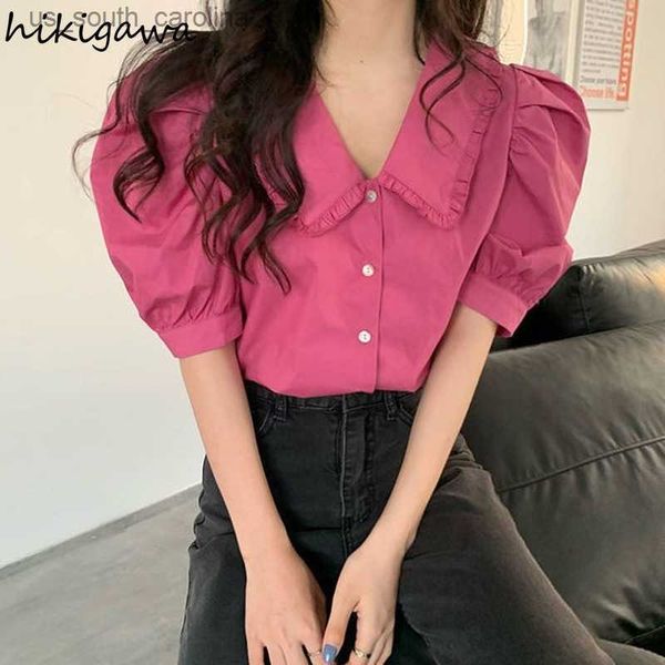 

hikigawa vintage ladies 2023 women's clothing peter pan collar puff sleeve blouse shirts korean elegant blusas de mujer l230522, White