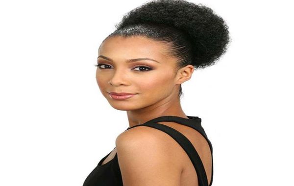 

short kinky curly wrap drawstring puff ponytail bun extension 8inch synthetic hair large round ponytail for women4048992, Black;brown