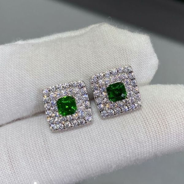 

925 sterling silver square green crystal stud earrings for girls fashion jewelry brand earrings, Golden;silver