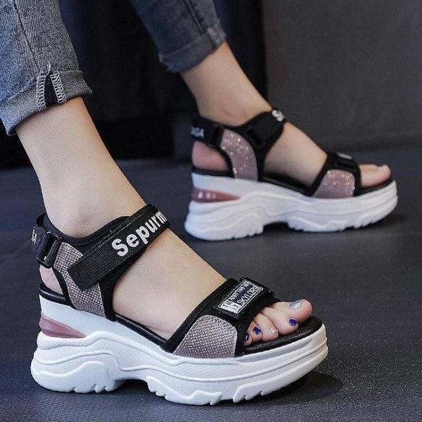 

new summer ladies sandals platform wedge heels shoes casual heightening slope with women's high heels sports beach sandals girl, Black