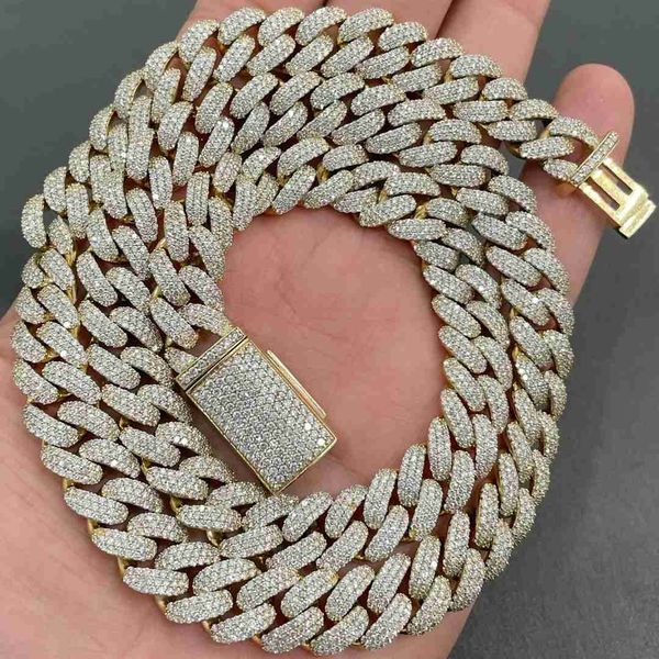 

aaa gems 12mm moissanite cuban link chain 18k gold over silver iced out chain 3 rows men hip hop cuban link necklace