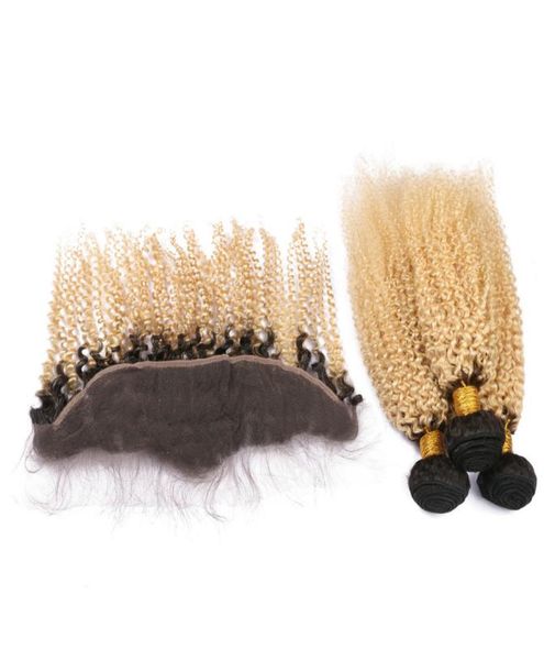 

dark root 3 bundles with lace frontal closure virgin human hair 1b 613 blonde kinky curly hair bundles ombre lace frontal with bun6377215, Black